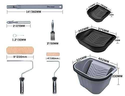 ROLLINGDOG 16PCS Roller Sets for Painting with Paint Roller Tray, Paint Brush, Mini and Large Paint Roller, Extension Pole, Scuttle with Lid, Stirring Bar, Decorating Tools for Wall, Ceiling Painting