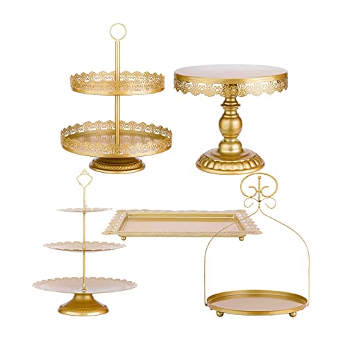 ZUMELER 5Pcs Gold Cake Stands Set Metal Round Cupcake Holder Cookies Dessert Display Plate Serving Tower Tray Platter with Handl for Baby Shower Wedding Birthday Party Decorating