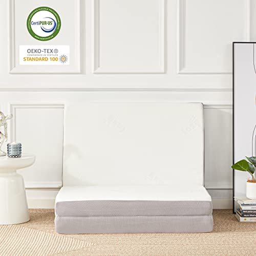 Lazyzizi Folding Mattress, 4 Inch Memory Foam Tri-fold Mattress with Breathable & Washable Bamboo Fiber Fabric Cover, Foldable Floor Mattress Guest Bed for Camping, Road Trip, Single