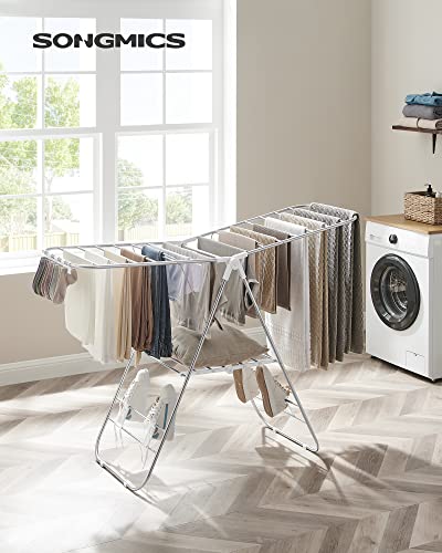 SONGMICS Clothes Airer, Foldable Clothes Drying Rack, Clothes Horse with Height-Adjustable Wings, Free-Standing Laundry Drying Rack, Indoor and Outdoor Use, Stainless Steel, White and Silver LLR502W01