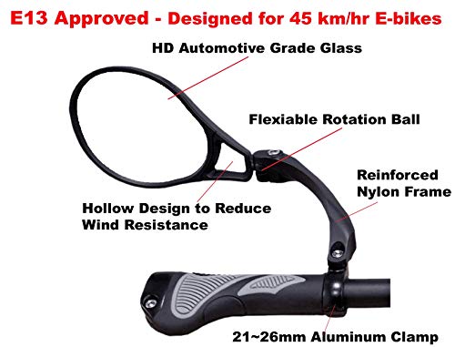 Hafny E13 Approved E-Bike Mirror, Large Surface Handlebar Bike Mirror, HD Automotive Grade Glass Bicycle Mirror, Safe Blast-Resistance Cycling Mirror