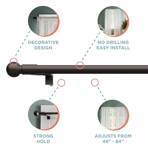 Zenna Home Window Curtain Rod, Easy Install Twist and Shout Telescoping Tension Rod, Adjustable 48" to 84", No Tools Needed, with Decorative Round Finials, Oil Rubbed Bronze