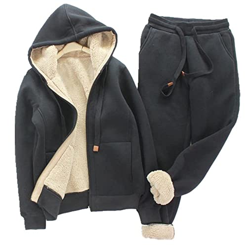 Women's Winter Hoodies Two Piece Set Thick Fleece Liner Tracksuits Pants Clothes Plus Size Loose Coat (Medium, Black)