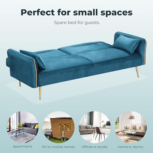 Levede 3 Seater Sofa Bed, Convertible Velvet Lounge Futon Couch with Recliner, Adjustable 3 Level Backrest with 2 Throw Pillow, Golden Legs for Small Spaces(198cm x 80cm x 83cm, Peacock Blue)