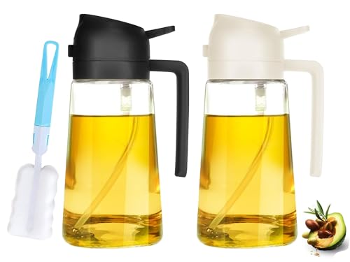 AXIM Olive Oil Dispenser Bottle,2 in 1 Oil Sprayer for Cooking,17oz/500ml Glass Oil Spray Bottle with Pourer for Kitchen, Salad, Barbecue (2 Pc,Black+White)