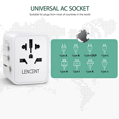 LENCENT Universal Travel Adaptor Plug with 2 USB Ports, International Power Adapter with UK/USA/EU/AUS Plug, Mini & Compact, All-in-One Worldwide Travel Charger for Over 200 Countries