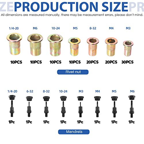 Glarks 120Pcs Rivet Nut Tool with Mandrel and Rivet Nut Kit, Threaded Insert Hand Riveter Nutsert Tool Rivet Gun with 8Pcs Metric & SAE Mandrel M3 M4 M5 M6 1/4-20 10-24 8-32 6-32 and 110Pcs Rivet Nut