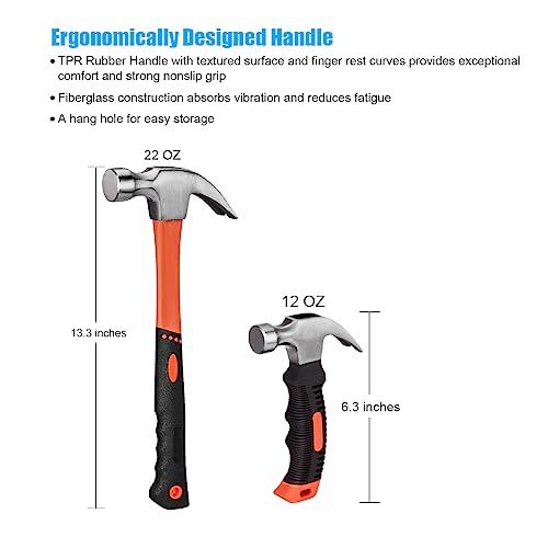 ZUZUAN 2 Piece Hammer Set,includes 1 Pack 8 OZ Mini Stubby Claw Hammer and 1 Pack 16 OZ Fiberglass General Purpose Claw Hammer,Soft Nonslip Handle & Heat Treated Head,Heavier for Higher Hardness