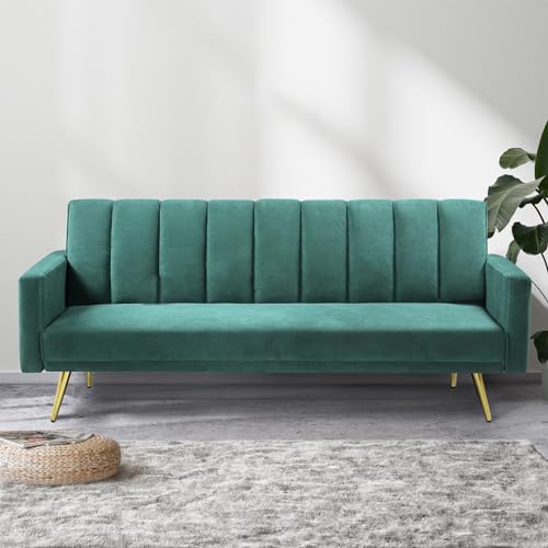 LEVEDE 3 Seater Sofa Bed Convertible, Velvet Loveseat Sofa Couch, Recliner Sofa Lounge with 3 Adjustable Backrest Positions, Spare Bed for Guest, Load Up to 220kg (197cm, Green)