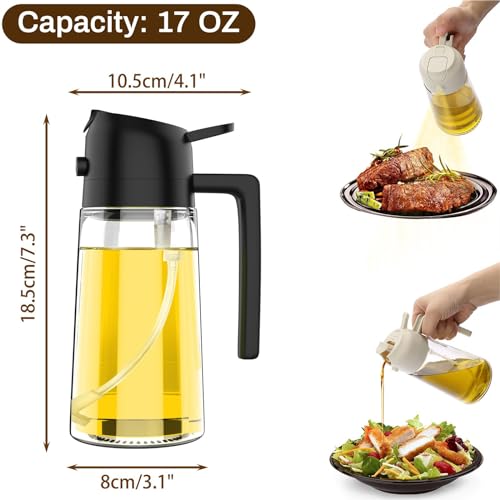 AXIM Olive Oil Dispenser Bottle,2 in 1 Oil Sprayer for Cooking,17oz/500ml Glass Oil Spray Bottle with Pourer for Kitchen, Salad, Barbecue (2 Pc,Black+White)