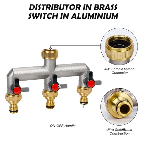 VAYALT 3-Way Tap Water Distributor, 3-Way Distributor Water 3/4 Inch Brass Water Connection Distribution, Garden Hoses with 3/4 Inch Adapter, Ball Valve for Large Garden Irrigation Garden Hoses