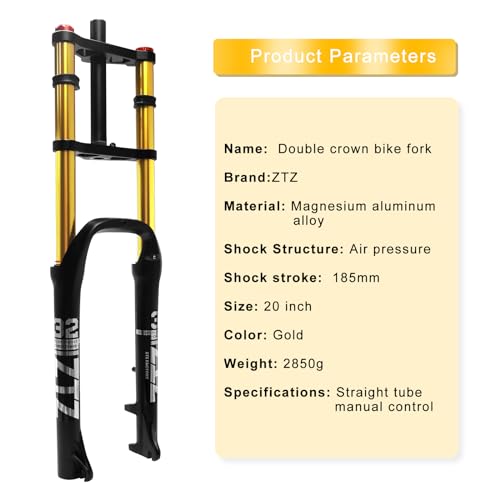 ZTZ 20/26 inch 4.0 Fat Tire Bike Air Suspension Fork - 180mm Travel, 135mm Hub Spacing, QR 9mm, Double Crown Shock Absorber Fork for MTB Fat Snow Beach E-Bike