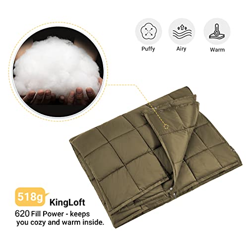KingCamp Queen Size Camping Blanket, Packable Lightweight Down Alternative Puffy Blanket, Wearable Warm Compact Alternative Water-Resistant Blanket for Travel, Outdoor, Backpacking, Stadium, Olive