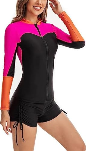 Womens Two Piece Long Sleeve Rash Guard UPF 50+ UV Sun Protection Swimsuit Surfing Bathing Suit with Boyshort (as1, alpha, x_l, regular, regular)