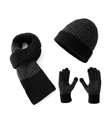 Lallier Winter 3Pcs Men's Wool Hat Scarf Touchscreen Gloves Set, Warm Beanie Skull Cap Scarf Thermal Glove Set for Men, Black, One size