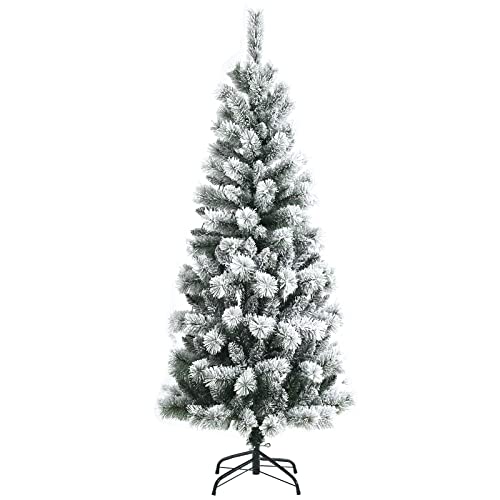 Costway 1.8M/6 ft Pre-lit Snow Flocked Christmas Tree with 9 Lighting Modes and Color Changing LED Lights, Artificial Xmas Hinged Tree with Remote Controller, Xmas Pine Tree Christmas Decoration for Home, Office, Party