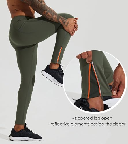 WILLIT Men's Fleece Running Leggings Cold Weather Gear Winter Cycling Tights Pants Water Resistant Zipper Pockets Olive Green M