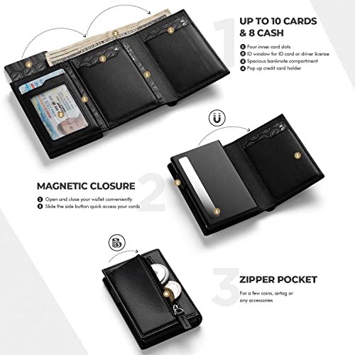 VULKIT Card Holder Wallet with Coin Pocket Magnetic Closure Pop Up Cards with ID Window Leather Wallet for Cash & Credit Cards