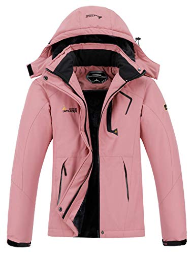 MOERDENG Women's Waterproof Ski Jacket Warm Winter Snow Coat Mountain Windbreaker Hooded Raincoat Jacket, Pink, Large