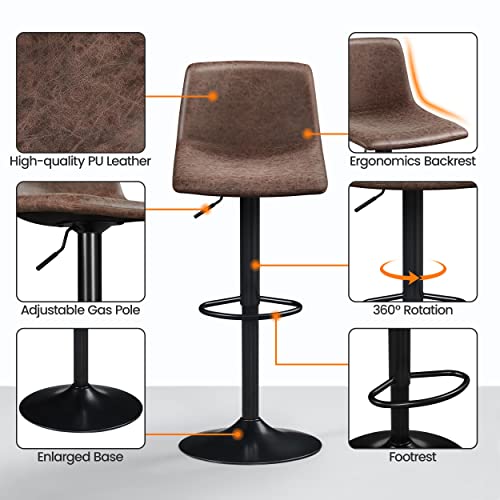 Yaheetech Bar Stools Counter Height, Swivel Barstools with Footrest and L Shape Back, Height Adjustable Modern Bar Chairs, Vintage Leather, Brown