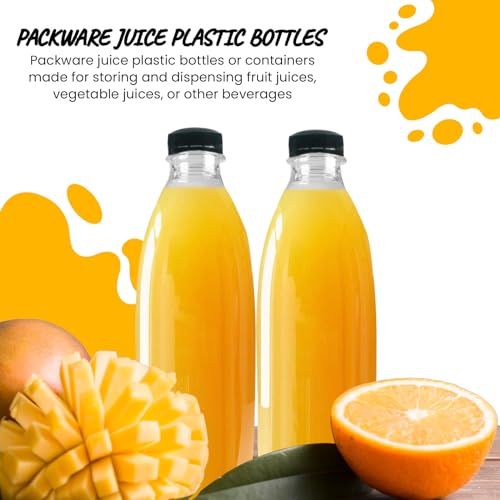 Packware Round Plastic Juice Bottles - Clear Drinking Containers with Tamper Evident Lids - Reusable & Leak-Proof - Great for Storing Homemade Juices Water Smoothies & Much More - 20 Pack (1000 ml)