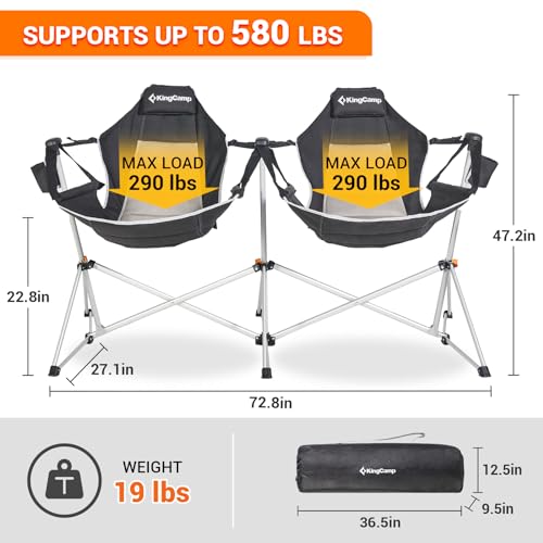 KingCamp Double Hammock Camping Chair Swinging Chair for Adults Portable Folding Rocking Chair Hold Up to 580 lbs with Adjustable Back Support Pillow Cup Holder for Outdoor Lawn Beach Concerts