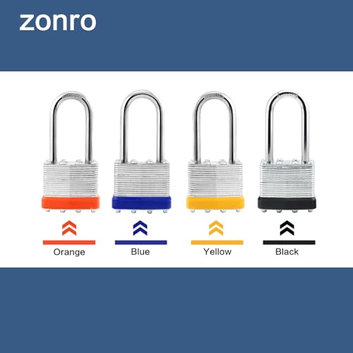 ZonRo Locks Laminated Steel Keyed Padlocks,Keyed Alike Locks, 1-9/16 inch Wide,Long Shackle Padlocks, Pack of 48，Black Hoop, for Hasp Latch, Sheds, Fences, Storage Locker, School, Gym…