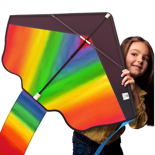 Large Rainbow Kite for Kids Easy to Fly, Beginners Kids Kite for Family Outdoor Games and Activities, Extremely Easy to Assemble and Soars High in Low Wind Speed - Delta Giant Beach Kites for Adults