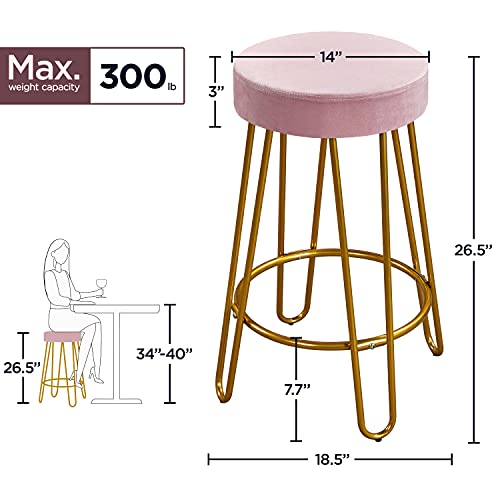 Yaheetech Round Kitchen Counter Stool Home Bar Height Stools with Golden Hairpin Legs Upholstered Velvet Seat for Kitchen/Dining Room Set of 2, Pink