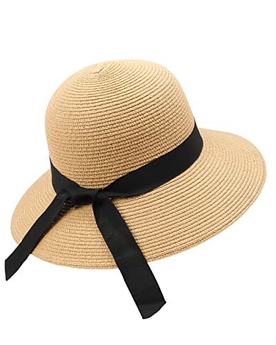 Zylioo XXL Straw Panama Hats Large Summer Beach Sun Hat Big Wide Brim UV Holiday Hat for Men Women, Bowknot-Khaki, XXL-3XL