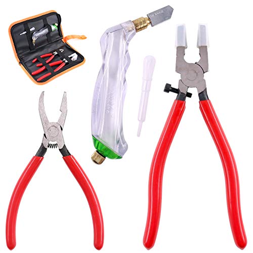 Swpeet 3Pcs Heavy Duty Glass Running Pliers, Breaker Grozer Pliers and Grip Oil Feed Glass Cutter Kit, Professional Stained Glass Cutting Tool with Extra Rubber Tips Perfect for Stained Glass Work