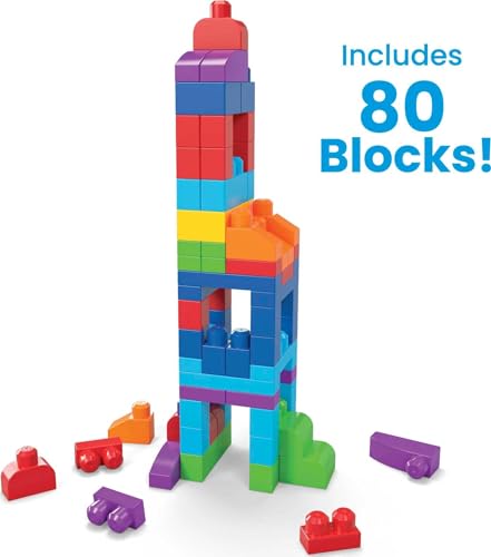 MEGA BLOKS Fisher Price Toddler Block Toys, Big Building Bag with 80 Pieces and Storage Bag, Blue, Gift Ideas for Kids Age 1+ Years