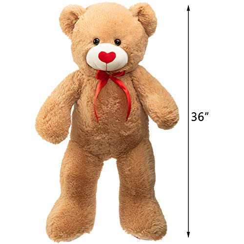 HollyHOME Giant Teddy Bear Stuffed Animal Large Bear Plush with Red Heart for Girlfriend and Kids Valentine's Day 36 inch Tan