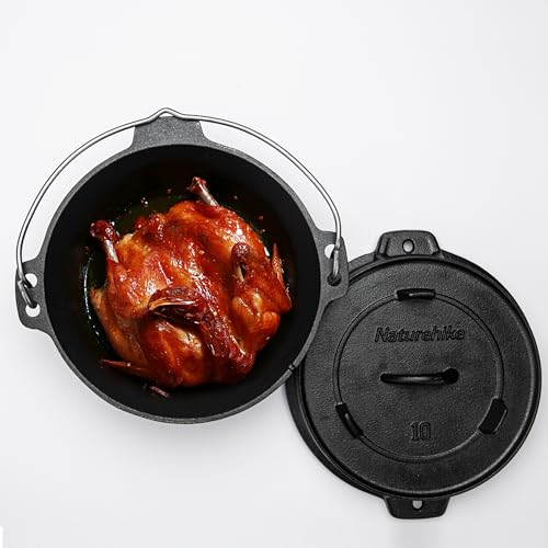 Naturehike Camping Dutch Oven, 4.25Qt Cast Iron Camp Cookware Pot With 2-In-1 Frying Skillet Lid, Pre-Seasoned for Outdoor BBQ Baking Campfire Cooking with Metal Handle Black