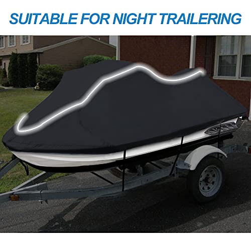 Upgraded Fade and Crack Resistant Trailerable Jet Ski Cover, Heavy-Duty Waterproof and UV Protection PWC Cover,Jetski Watercraft Cover with Reflective Strips Black Fits from 103"-115"(1 or 2 Seater)