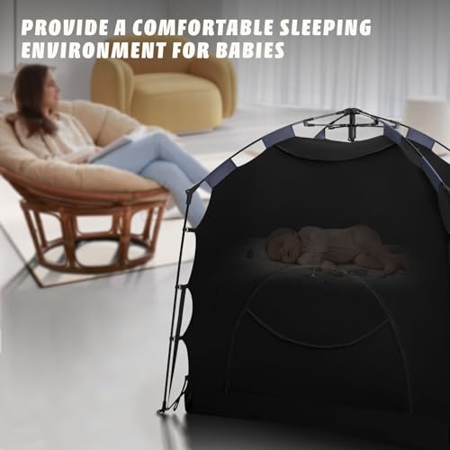 Hiaksedt Blackout Tent for Pack and Play, Baby Sleep Pod, Portable Blackout Cover, Travel Crib Canopy, 1-Click Set Up Sleep Pod Blocks 95% of Light（Black）