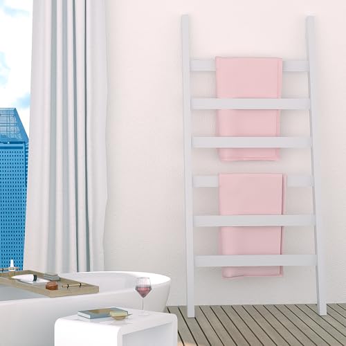 ZHOMUD Blanket Ladder, 6 Tier Blanket Holder, 68.9 Inch Tall Blanket Rack, Ladder Shelf Against The Wall, Rustic Bamboo Quilt Rack Stand for Bathroom, Living Room, Bedroom, Balcony, White
