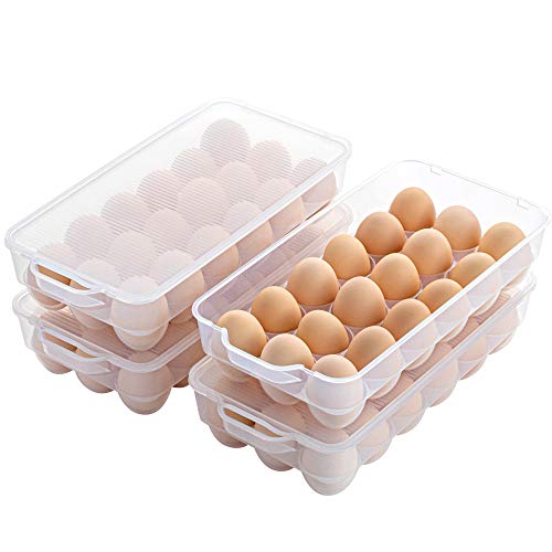 ZHENFAN Clear Plastic Egg Holder for Refrigerator, Stackable Egg Storage Trays With Lid & Handles, Plastic Egg Box Carrier 4 Pack, BPA-Free Egg Storage Container for 18 Eggs