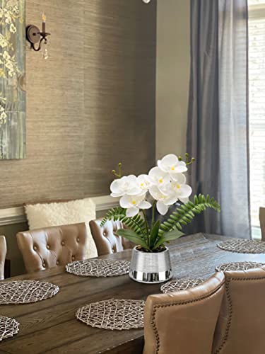 White Orchids Artificial Flowers in Silver Pot Faux Phaleanopsis Orchid Bonsia Fake Orchid Centerpiece for Dining Room Table