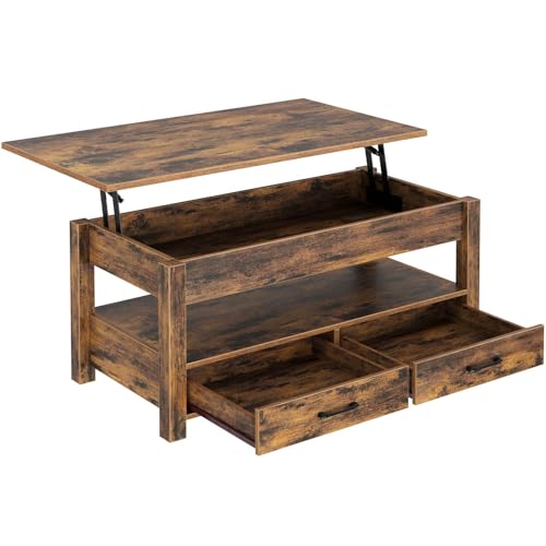 Rolanstar Coffee Table, 47.2" Lift Top Coffee Table with Drawers and Hidden Compartment, Retro Central Table with Wooden Lift Tabletop, for Living Room, Rustic Brown