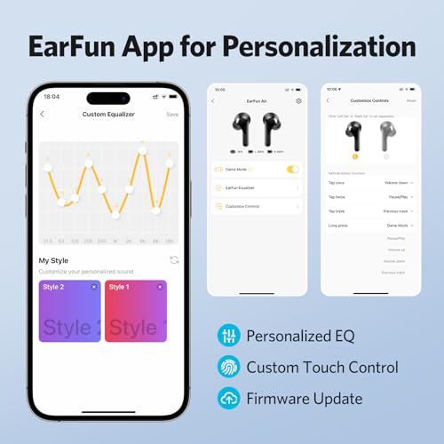 EarFun Air True Wireless Earbuds, [CES & IF Awards] Bluetooth Earbuds with 4 Mics Clear Call, IPX7 Waterproof, Deep Bass, Wireless Charging, Game Mode, App Customize EQ, 35H Long Playtime,APP Version