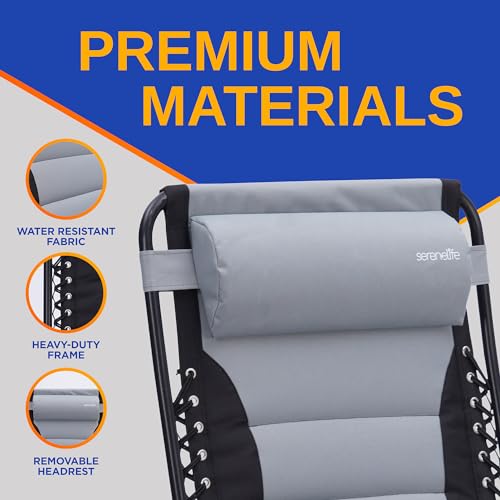 SereneLife Foldable Outdoor Zero Gravity Padded Lawn Chair, Adjustable Steel Mesh Recliners, w/Removable Pillows and Cup Holder Side Tables, Gray and Black