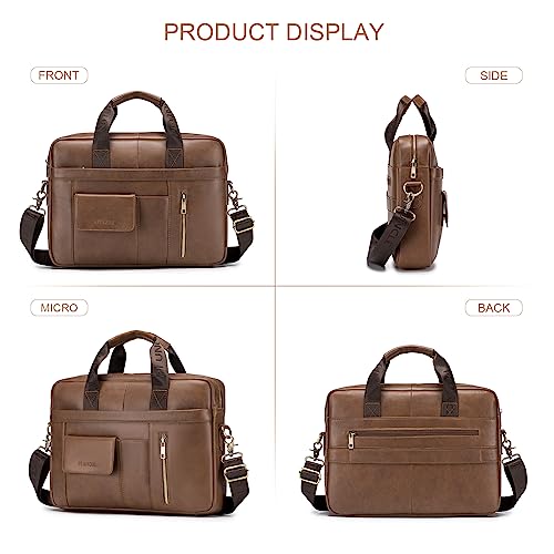 SPAHER Mens Leather Laptop Bag Briefcases for Men 14 Inch Leather Briefcase Business Work Laptop Handbag Shoulder Bag Messenger Bag with Removable Strap