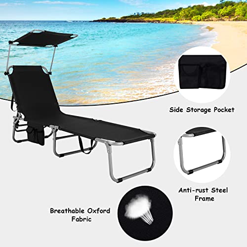 Giantex Outdoor Sun Lounger Bed, Folding Lounge Chaise Reclining Deck Chair, 5 Adjustable Back Positions, 360° Rotatable Canopy, Side Pocket, Portable Camping Beach Recliner for Sunbathing (Black)