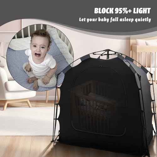 Hiaksedt Blackout Tent for Pack and Play, Baby Sleep Pod, Portable Blackout Cover, Travel Crib Canopy, 1-Click Set Up Sleep Pod Blocks 95% of Light（Black）