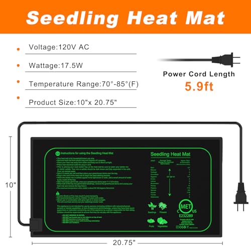 10"x 20.75" Seedling Heat Mat- UL & MET-Certified Warm Hydroponic Heating Pad for Germination, Indoor Gardening, Greenhouse (1 Pack)