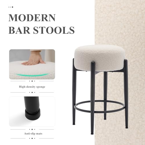 COLAMY Modern Bar Stools Set of 2, 24" Sherpa Counter Height Stools with Round Soft Padded Boucle Backless Seat and Metal Mid-Century Base, Cream