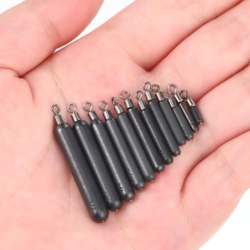 Hicarer 12 Pcs Tungsten Drop Shot Weights Skinny Fishing Sinkers Kit Cylinder Dropshot Weight for Bass Fishing Dropshot Rig, Size Stamped on All Weights (Black)