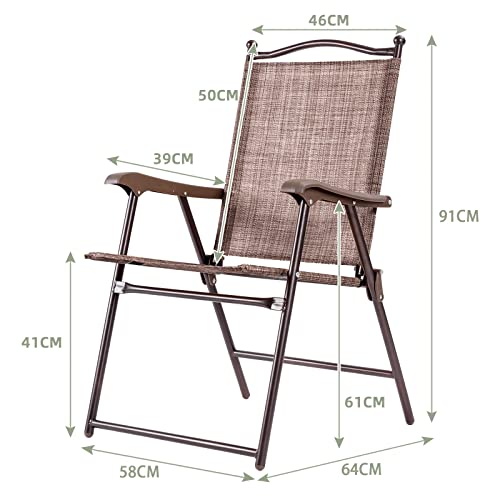 Costway Set of 2 Patio Folding Chairs, Indoor Outdoor Folding Chairs with Armrests, Steel Frame, Weather Resistant Portable Dining Seating Textilene Lounge for Lawn, Backyard, Deck (Coffee)