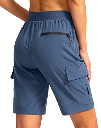 Soothfeel Women's 9" Hiking Cargo Shorts with 5 Pockets Quick Dry Summer Athletic Golf Bermuda Long Shorts for Women Casual, Deep Blue, Large